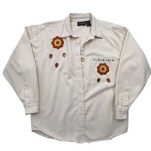 Las Olas Western Fall Floral Rhinestone‎ Applique Shirt Cream Cowgirl Womens L